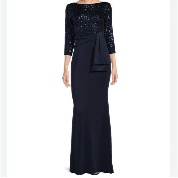 NWT ELIZA J Navy Sequin Bodice Stretch Knit Skirt Pleated Bow Detail Maxi Gown 8 - Picture 9 of 10